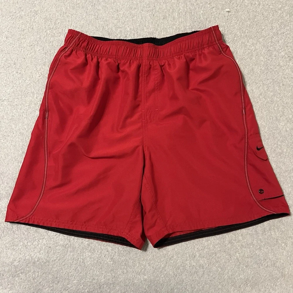 Nike Shorts Men's Large Red Swim Trunks Drawstring Pockets Swoosh Lined Cargo